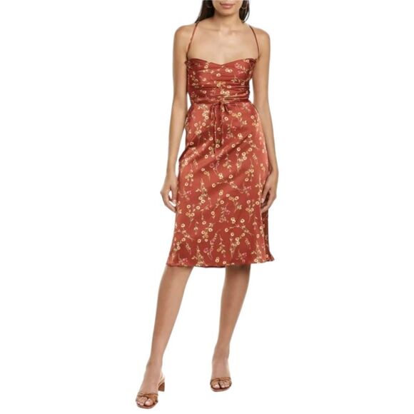 Danielle Bernstein Tie Back Roses And Daises Midi Silky Dress M Redwood Multi - Picture 4 of 16
